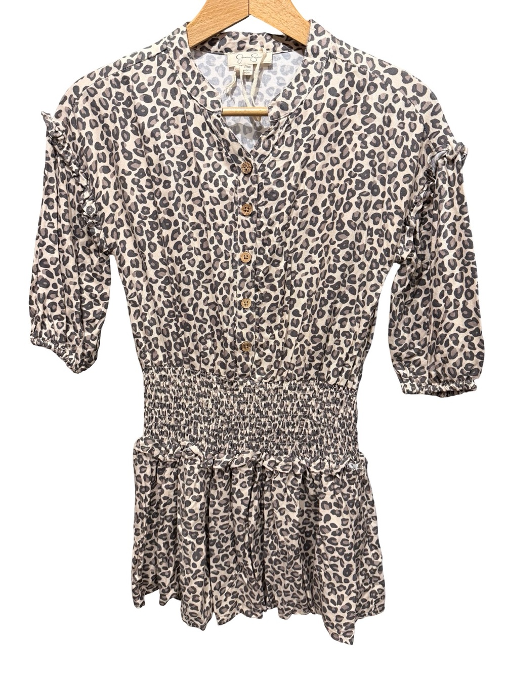 Jessica Simpson Beige and Black Leopard Smocked Waist Dress